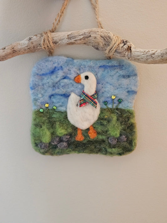 Felted Wall Art with Driftwood - Goose Design